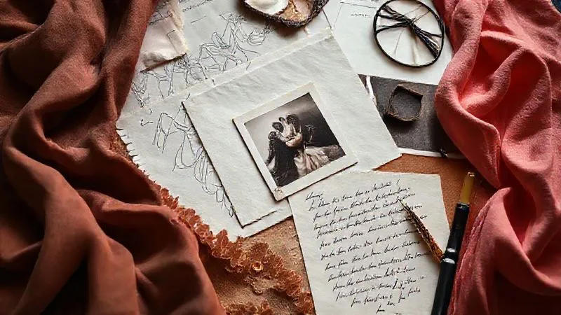 A photorealistic, professional photography shot, 8K, cinematic lighting, sharp focus, depth of field, shot on a high-end DSLR. The image features a beautifully composed flat lay of a luxury brand's mood board. Elements include high-quality fabric swatches, sketches of elegant designs, a vintage photograph, a small, intricate piece of jewelry, and handwritten notes describing a brand's unique philosophy. The lighting is soft and artistic, creating a sense of creativity and refined inspiration.