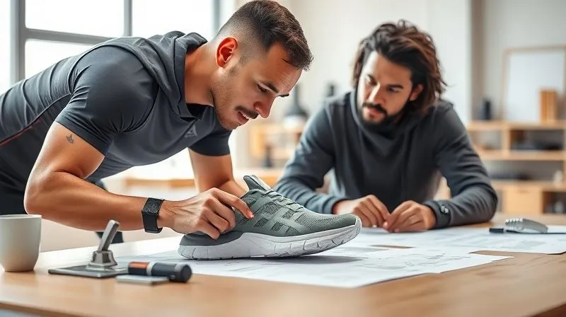 A photorealistic image of an elite athlete in activewear, intently examining a prototype athletic shoe alongside a brand's product designer in a bright, modern design studio. They are discussing features, with blueprints and material swatches on a table. Professional photography, 8K, cinematic lighting, sharp focus, depth of field, shot on a high-end DSLR.
