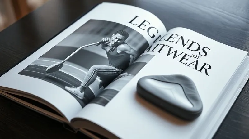 A photorealistic, professional photography, 8K, cinematic lighting, sharp focus, depth of field, shot on a high-end DSLR image of a beautifully designed, sleek coffee table book titled "Legends of Activewear," open to a page featuring an iconic black and white photograph of a retired elite athlete in action, with a modern activewear garment subtly placed next to the book, symbolizing enduring legacy.
