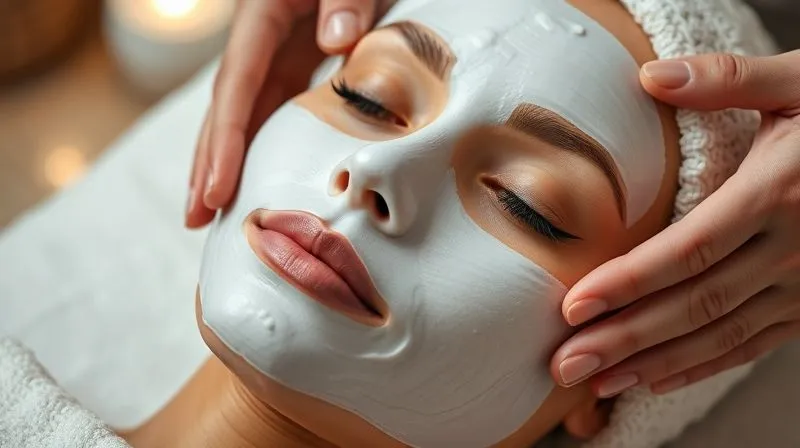 A photorealistic close-up of a client's face with a luxurious, creamy hydrating mask being expertly applied by a professional esthetician's hands, focusing on the smooth texture of the mask and the client's relaxed expression. The background is softly blurred spa setting, 8K, cinematic lighting, sharp focus, depth of field, shot on a high-end DSLR.