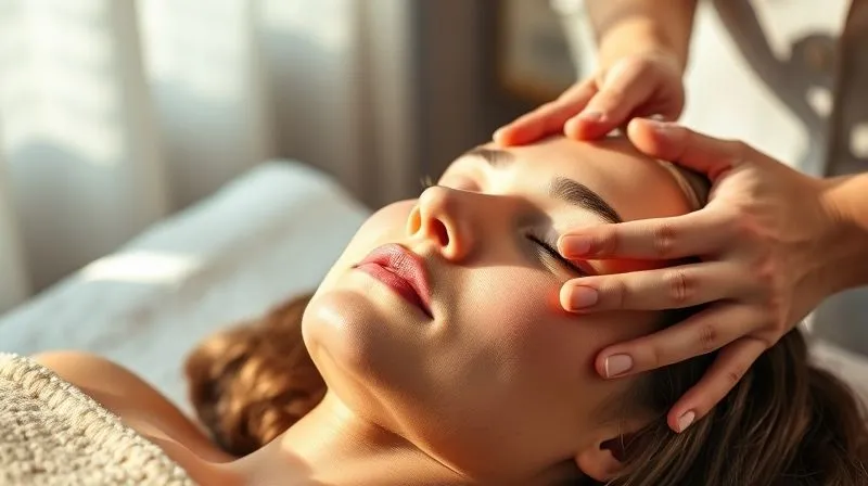 A photorealistic, artistic shot of an esthetician's hands performing a gentle lymphatic drainage facial massage on a client, focusing on the fluid, rhythmic motions and the serene, calm expressions. The scene is bathed in soft, natural light, emphasizing relaxation and rejuvenation. 8K, cinematic lighting, sharp focus, depth of field, shot on a high-end DSLR.