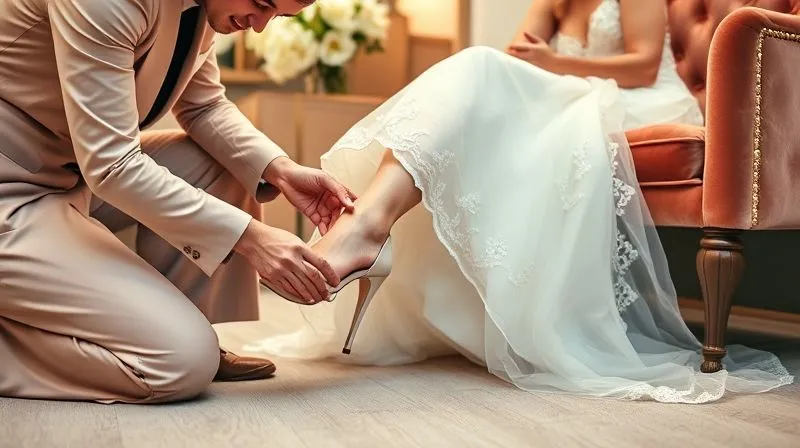A professional bridal stylist, dressed impeccably, kneeling to meticulously adjust a high-fashion, embellished wedding shoe on a bride's foot. The bride is seated on an elegant velvet bench, looking relaxed and happy. Soft, warm cinematic lighting, sharp focus on the hands and shoes, depth of field blurring the luxurious bridal salon background. Photorealistic, professional photography, 8K.