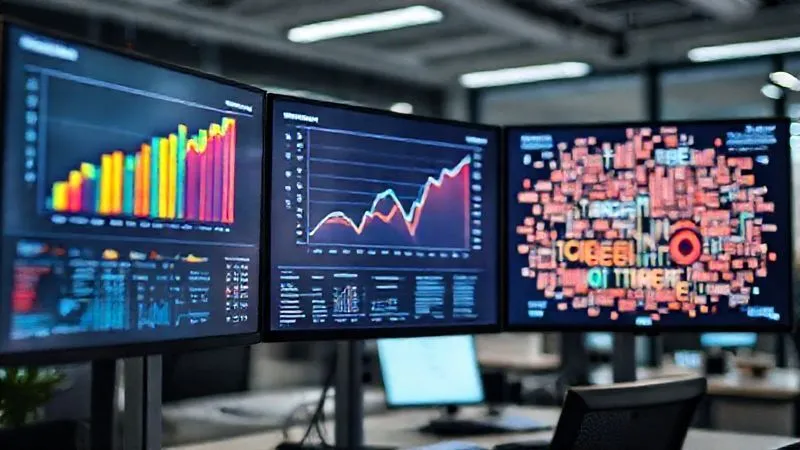 A photorealistic professional photography image of a multi-screen setup in a modern office, displaying various data visualizations: a bar chart showing sales velocity, a line graph of website traffic, and a word cloud of social media sentiment. The screens are vibrant and detailed, with cinematic lighting, 8K, sharp focus on the data, depth of field, shot on a high-end DSLR.