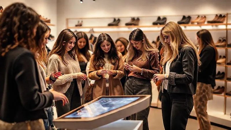 A photorealistic professional photography image of a diverse group of women interacting with shoes in a chic, minimalist pop-up store setting, some trying them on, others discussing. A digital feedback terminal is visible in the foreground. Cinematic lighting, warm tones, 8K, sharp focus on the interaction, depth of field, shot on a high-end DSLR.