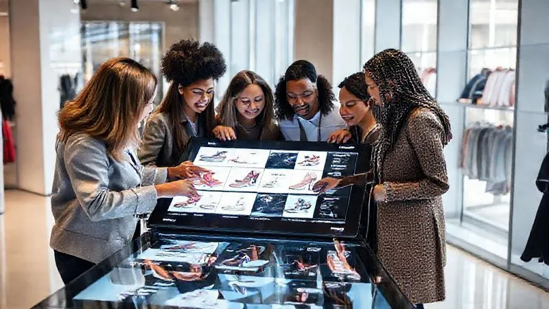A photorealistic professional photography image of a diverse, multi-ethnic team of fashion professionals collaborating around a large interactive digital table displaying shoe designs, trend data, and marketing analytics. They are engaged in lively discussion, pointing at the screen. The scene is bright and modern, with cinematic lighting, 8K, sharp focus on the team and screen, depth of field, shot on a high-end DSLR.