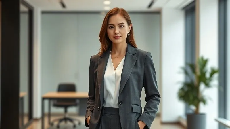 A photorealistic image showcasing a modern woman's sophisticated 'uniform' concept. She is dressed in a perfectly tailored charcoal grey suit (blazer and trousers) with a crisp white silk blouse, minimalist gold jewelry, and sleek black pointed-toe heels. The background is a clean, modern office space, emphasizing efficiency and elegance, 8K, cinematic lighting, sharp focus, depth of field, shot on a high-end DSLR.