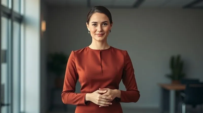 A photorealistic, empowering image of a modern woman exuding confidence in a professional setting. She stands tall with a subtle, knowing smile, her hands clasped loosely, wearing a well-tailored business dress in a rich jewel tone. The background is a slightly blurred, elegant office with natural light, emphasizing her presence and poise, 8K, cinematic lighting, sharp focus, depth of field, shot on a high-end DSLR.