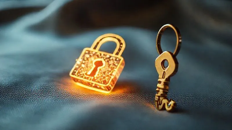 A photorealistic, professional photography, 8K, cinematic lighting, sharp focus, depth of field, shot on a high-end DSLR, depicting a glowing, intricate digital lock icon overlaid on a luxurious, textured fabric, with a golden key hovering nearby, symbolizing exclusive online access and curated digital gatekeeping for luxury brands.