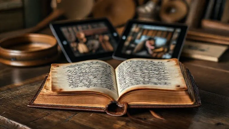 A photorealistic, professional photography, 8K, cinematic lighting, sharp focus, depth of field, shot on a high-end DSLR, depicting a vintage, hand-stitched leatherbound journal open to reveal elegant script and faded photographs, with a modern tablet displaying a high-definition video of artisan craftsmanship in the background, symbolizing the blend of heritage storytelling and digital media.