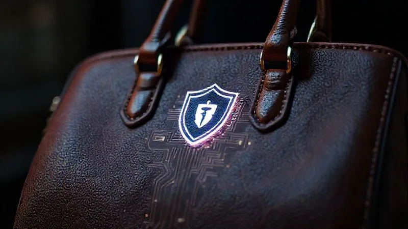 A photorealistic, professional photography, 8K, cinematic lighting, sharp focus, depth of field, shot on a high-end DSLR, depicting an intricate microchip or blockchain ledger graphic embedded within a high-fashion luxury handbag, with a glowing digital shield icon protecting it, symbolizing advanced anti-counterfeiting technology for heritage brands online.