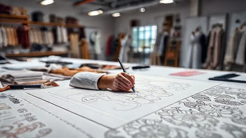Photorealistic, professional photography, 8K, cinematic lighting, sharp focus on a haute couture designer's hand meticulously sketching on a large design table, surrounded by fabric swatches and intricate embroidery samples, with a subtle digital interface glowing in the background, depth of field blurring the distant atelier, shot on a high-end DSLR.