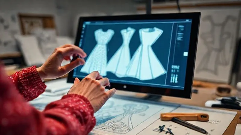 Photorealistic, professional photography, 8K, cinematic lighting, sharp focus on a haute couture pattern maker's hands meticulously adjusting a digital pattern on a large touchscreen monitor, with traditional paper patterns and drafting tools blurred in the background, depth of field emphasizing the precision of the digital work, shot on a high-end DSLR.