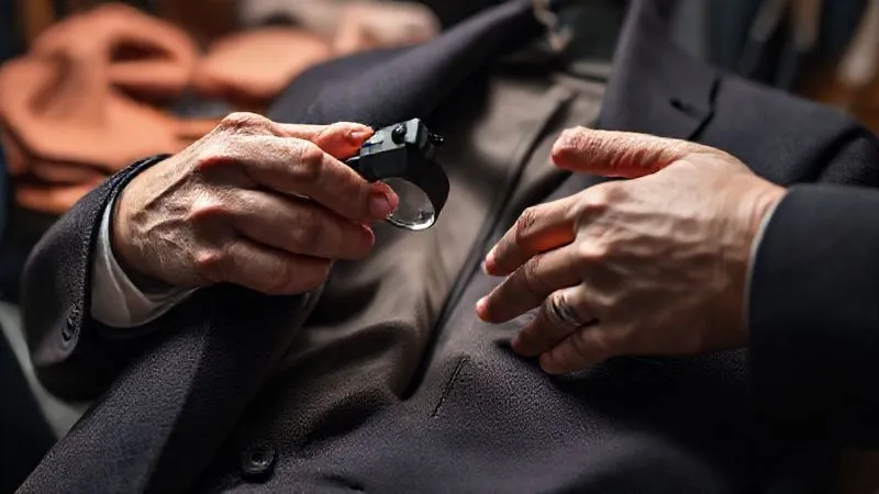 Photorealistic, professional photography, 8K, cinematic lighting, sharp focus on a master tailor's hands meticulously inspecting the inner lining and seam finish of a haute couture jacket, using a magnifying glass, with other precision tools and delicate fabrics blurred in the background, depth of field highlighting the garment's impeccable detail, shot on a high-end DSLR.