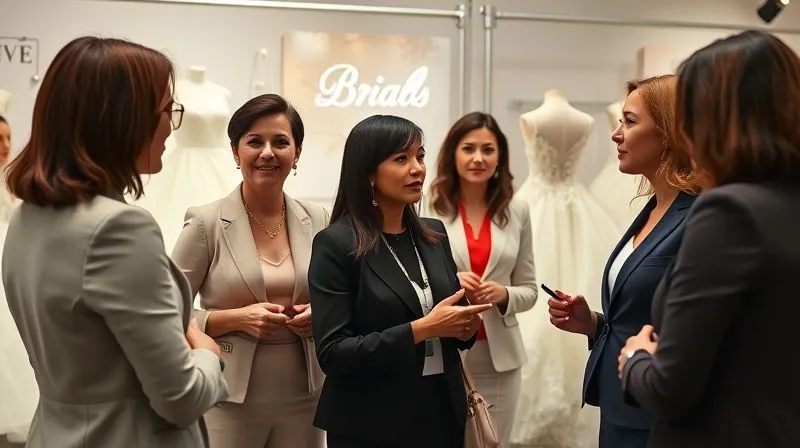 A photorealistic, professional photography, 8K, cinematic lighting, sharp focus, depth of field, shot on a high-end DSLR. A diverse group of professional women, dressed in chic business attire, are engaged in animated conversation at a high-end bridal industry event. They are networking, exchanging ideas, and pointing at subtle details on displayed wedding dresses in the background, symbolizing industry collaboration and trend spotting. The atmosphere is vibrant and insightful.