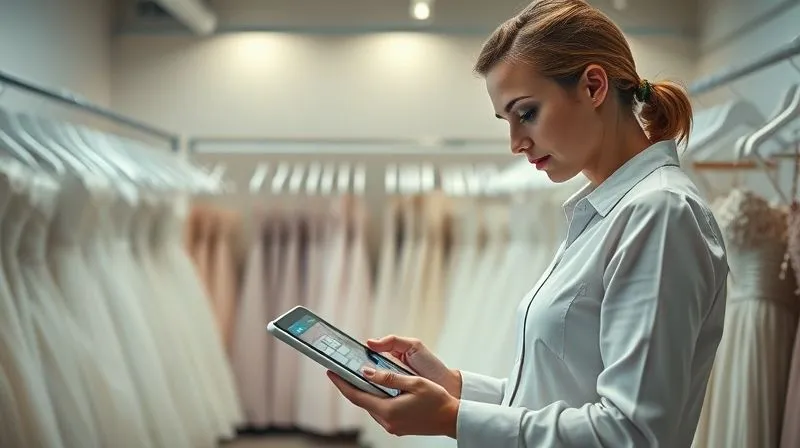 A photorealistic, professional photography, 8K, cinematic lighting, sharp focus, depth of field, shot on a high-end DSLR. An organized, modern bridal boutique stockroom with neatly arranged garment racks. A tablet displays inventory data in the foreground, with a focused professional analyzing the screen, symbolizing efficient, agile inventory management and smart stock control. The lighting is bright and functional.