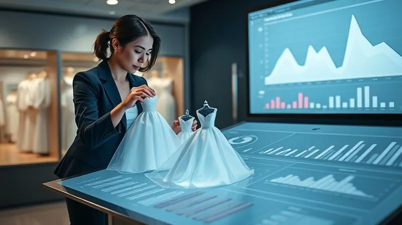 A photorealistic, professional photography, 8K, cinematic lighting, sharp focus, depth of field, shot on a high-end DSLR. A professional woman in a chic blazer is strategically moving miniature bridal gowns on a large, illuminated planning board, which also displays charts and graphs. The scene conveys meticulous risk assessment and contingency planning for a bridal boutique, with a sense of calm control amidst potential market volatility.