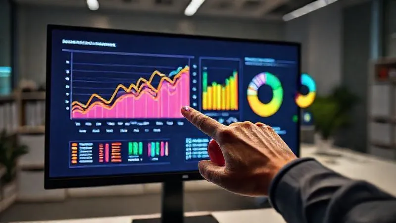 Photorealistic, professional photography, 8K, cinematic lighting, sharp focus, depth of field. A high-resolution monitor displaying intricate, colorful data visualizations: a line graph showing seasonal sales trends for kids' clothing over five years, a bar chart breaking down sales by age group, and a pie chart illustrating material preferences. A hand points to a specific trend on the screen. The setting is a modern, minimalist office. Shot on a high-end DSLR.