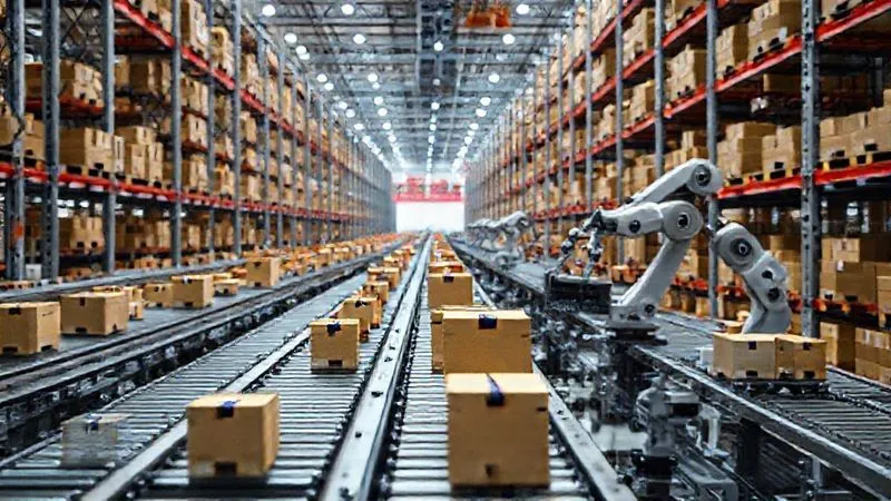 Photorealistic, professional photography, 8K, cinematic lighting, sharp focus, depth of field. A complex, interconnected network of small, colorful boxes (representing product batches) moving seamlessly along conveyor belts and through robotic arms in a brightly lit, modern, automated warehouse. The scene emphasizes efficiency, speed, and adaptability in supply chain logistics. Shot on a high-end DSLR.