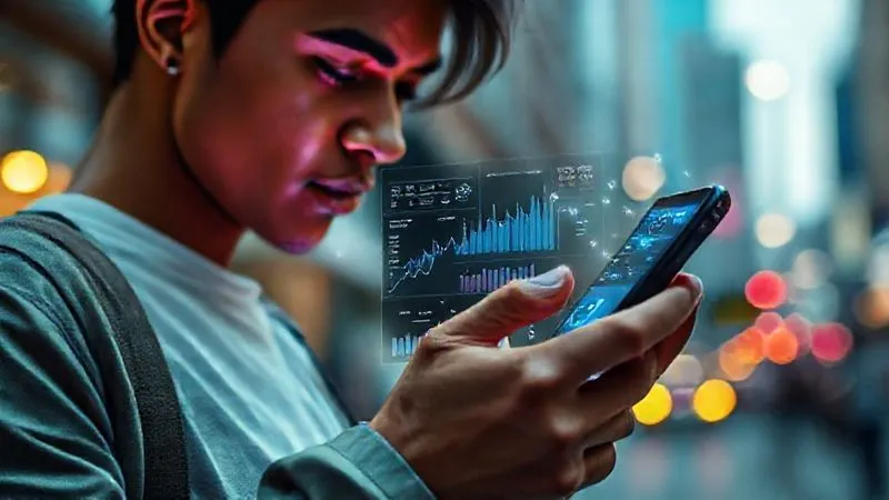 A photorealistic, professional photography, 8K, cinematic lighting, sharp focus, depth of field, shot on a high-end DSLR of a young, stylish person deeply engrossed in their phone, surrounded by a vibrant, blurred background of an urban street. Overlayed on the phone screen is a complex, data-rich dashboard showing social media trends, sentiment analysis graphs, and trending hashtags, with subtle glowing lines connecting the phone to the urban environment, symbolizing data collection from the street.