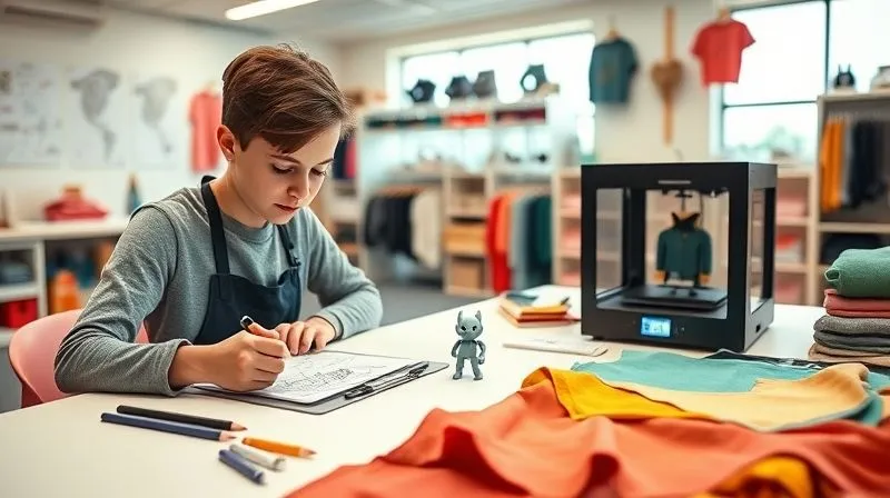 photorealistic, professional photography, 8K, cinematic lighting, sharp focus, depth of field, shot on a high-end DSLR, a vibrant, modern children's apparel design studio, with a designer sketching on a tablet, a 3D printer creating a small character prototype, and fabric swatches laid out, illustrating the rapid prototyping process with a sense of creative energy.