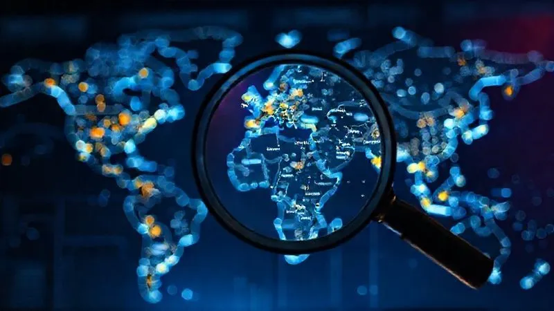 A photorealistic global map illuminated with data points and trend lines, representing market research insights into eyewear fashion, with a magnifying glass hovering over a specific region, professional photography, 8K, cinematic lighting, sharp focus, depth of field.