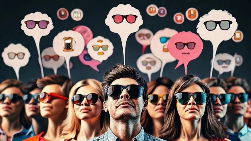 A photorealistic representation of a diverse group of people's thought bubbles above their heads, filled with icons representing different sunglasses styles, colors, and features, illustrating consumer feedback and preferences, vibrant and dynamic, 8K, cinematic lighting, sharp focus, depth of field.