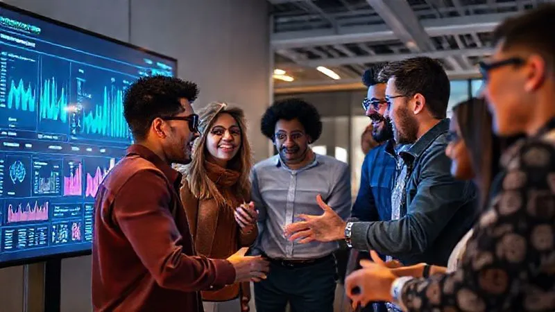 A photorealistic image of a diverse, multi-ethnic team collaborating around a large interactive screen displaying complex data visualizations and sunglasses trend boards, energetic and professional, 8K, cinematic lighting, sharp focus on the team's interaction, depth of field.