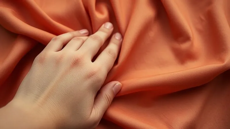 A close-up, photorealistic, professional photography shot of an experienced hand gently feeling the drape and texture of a piece of vintage rayon fabric from the 1930s, showcasing its soft sheen and subtle weave. The fabric is a rich, muted jewel tone, with cinematic lighting highlighting the subtle folds and the delicate lines of the hand. 8K, sharp focus, depth of field, shot on a high-end DSLR.