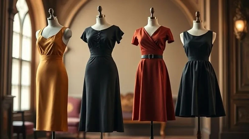 A photorealistic, professional photography shot of three distinct vintage mannequins, each showcasing an iconic silhouette from a different era: a 1920s flapper dress (dropped waist, straight), a 1950s New Look dress (cinched waist, full skirt), and a 1960s mod shift dress (A-line, short hemline). The mannequins are subtly lit with cinematic lighting, sharp focus on the clothing, depth of field blurring a soft, historical background. 8K, shot on a high-end DSLR.