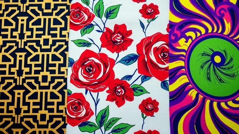 A photorealistic, professional photography shot displaying a vibrant collage of three distinct vintage fabric swatches: a 1920s Art Deco geometric pattern in gold and black, a 1950s large floral print with bold red roses on a white background, and a 1960s psychedelic swirl pattern in neon green and purple. Each swatch is sharply in focus, with cinematic lighting enhancing their textures and colors. 8K, depth of field, shot on a high-end DSLR.