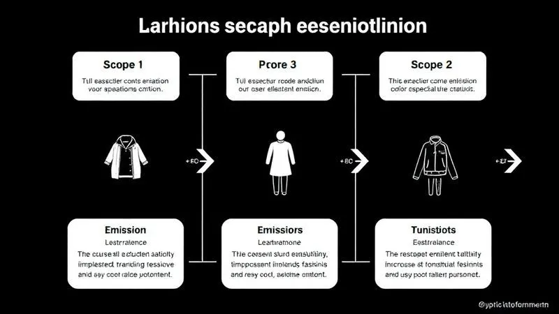 A photorealistic diagram illustrating the three scopes of carbon emissions (Scope 1, 2, 3) in a fashion supply chain context, with clear visual examples for each scope, professional infographic style, 8K, cinematic lighting, sharp focus.