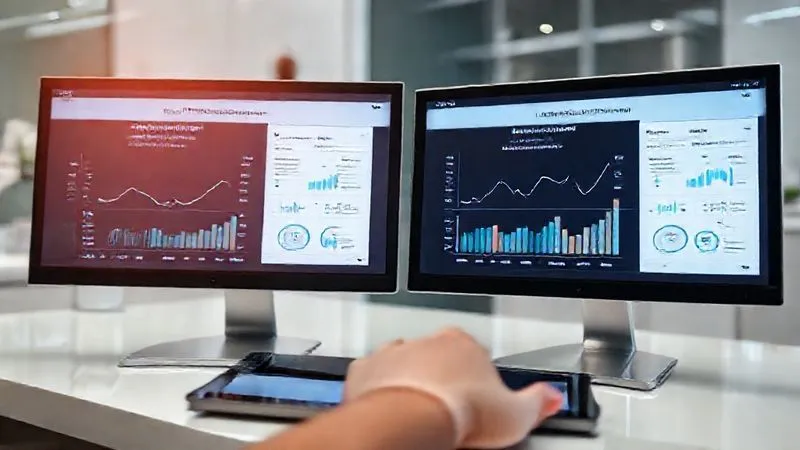 A photorealistic image of two screens side-by-side, displaying different versions of an AI skin analysis report (A and B). One screen shows a more detailed report with graphs, while the other is simpler. A subtle 'A/B Test' overlay is visible. The background is a modern, clean desk in a beauty clinic, with a hand poised over a tablet. Cinematic lighting, sharp focus on the screens, depth of field, 8K hyper-detailed, shot on a high-end DSLR.