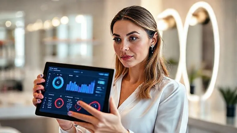 A photorealistic image of a professional woman in a modern beauty clinic, confidently reviewing a tablet displaying a complex yet clear dashboard of financial and customer satisfaction metrics. Her expression is thoughtful and assured, surrounded by subtle hints of advanced beauty technology. Cinematic lighting, sharp focus on the tablet and her face, depth of field blurring the background, 8K hyper-detailed, shot on a high-end DSLR.