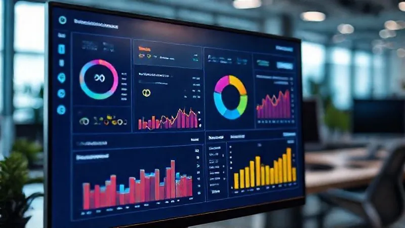 A photorealistic, professional photography shot of a data analytics dashboard displaying various virtual try-on KPIs, with colorful graphs and charts showing user engagement, conversion rates, and return reductions. The screen is in sharp focus, with a subtle depth of field blurring a modern office background. 8K hyper-detailed, cinematic lighting.