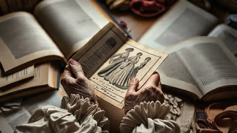 Photorealistic image of a costume designer's hands carefully examining an antique 17th-century fashion plate under soft, focused light, surrounded by open historical costume books and fabric swatches, 8K, cinematic lighting, sharp focus, depth of field, shot on a high-end DSLR, conveying a sense of scholarly dedication.