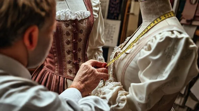 Photorealistic image of a costume designer meticulously taking measurements on a mannequin dressed in 17th-century stays, using a vintage-style tape measure, with historical fashion sketches and fabric swatches in the background, 8K, cinematic lighting, sharp focus, depth of field, shot on a high-end DSLR, conveying precision and historical awareness.