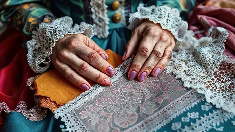 Photorealistic image of a costume designer's hands selecting from a vibrant array of historical fabric swatches (silk brocade, velvet, linen) and intricate lace trims, with a detailed 17th-century embroidery sample in the foreground, 8K, cinematic lighting, sharp focus, depth of field, shot on a high-end DSLR, conveying a rich tactile experience.