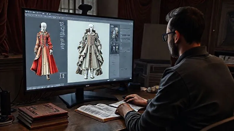 Photorealistic image of a costume designer working on a large high-resolution monitor displaying 3D garment design software, showing a complex 17th-century theatrical costume being digitally patterned and draped on a virtual avatar, with physical fabric swatches and historical books on the desk, 8K, cinematic lighting, sharp focus, depth of field, shot on a high-end DSLR, conveying a blend of traditional craft and modern technology.