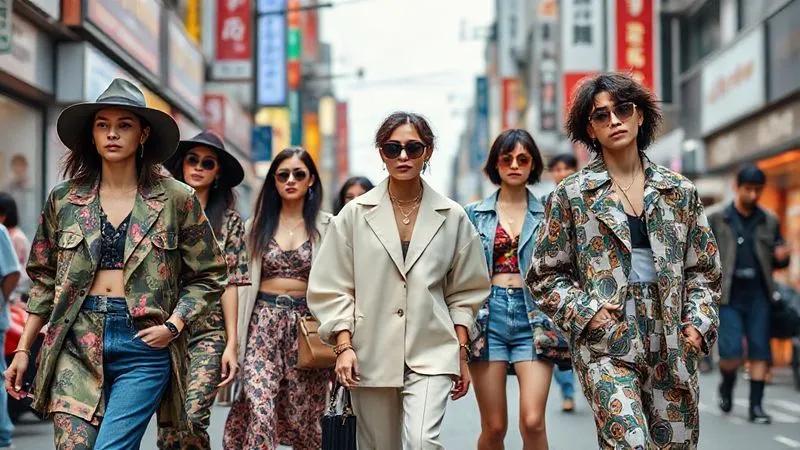 Photorealistic, professional photography, 8K, cinematic lighting, sharp focus, depth of field, shot on a high-end DSLR. A diverse group of stylish individuals showcasing unique streetwear fashion in a bustling, vibrant urban setting, possibly a street in Tokyo or Seoul, with dynamic movement and authentic expressions.