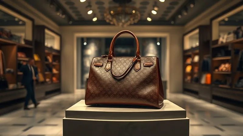 A photorealistic image of a vintage luxury handbag on a pedestal in a dimly lit, high-end boutique, with spotlights highlighting its rarity and desirability. 8K, cinematic lighting, sharp focus, depth of field.