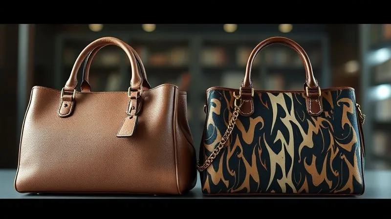 A photorealistic, professional photography, 8K, cinematic lighting, sharp focus, depth of field, shot on a high-end DSLR, showing a side-by-side comparison of a classic, timeless designer handbag and a trendy, seasonal one, emphasizing their distinct design elements and appeal.