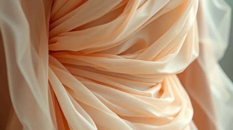 photorealistic, professional photography, 8K, cinematic lighting, sharp focus, depth of field, shot on a high-end DSLR, a close-up of a haute couture garment featuring an incredibly complex and innovative draping technique, with layers of silk and organza creating a sculptural form, emphasizing the technical mastery and design complexity, soft, ethereal lighting.