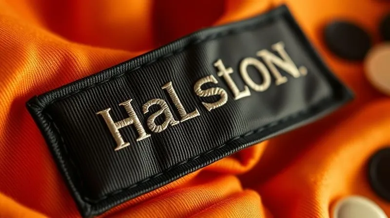 A close-up, photorealistic image of a vintage 1970s designer label, perhaps 'Halston' or 'Ossie Clark', meticulously stitched into a garment, with soft, warm lighting highlighting the fabric texture. Professional photography, 8K, cinematic lighting, sharp focus, depth of field, shot on a high-end DSLR.