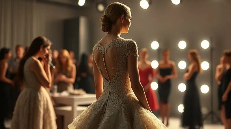 A photorealistic image of a haute couture fashion show backstage, with a model in an exquisite, intricately designed gown being prepped. The lighting is dramatic and artistic, highlighting the craftsmanship, with blurred figures of stylists and designers in the background. Professional photography, 8K, cinematic lighting, sharp focus on the gown, depth of field, shot on a high-end DSLR.