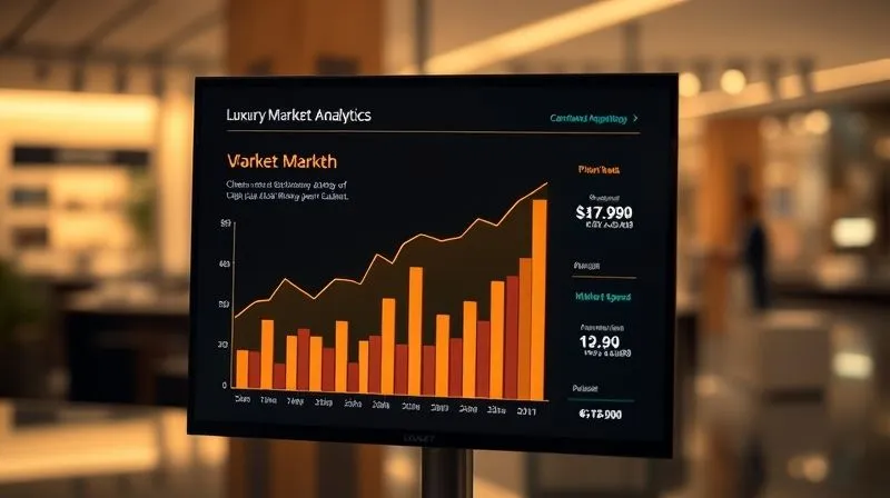 A photorealistic, sleek minimalist display of luxury market analytics. Elegant digital graphs showing market growth, client acquisition rates for high-end fashion, and average spend per client. The interface is clean, sophisticated, with subtle glowing elements. Professional photography, 8K, cinematic lighting, sharp focus on the screen, depth of field, shot on a high-end DSLR.