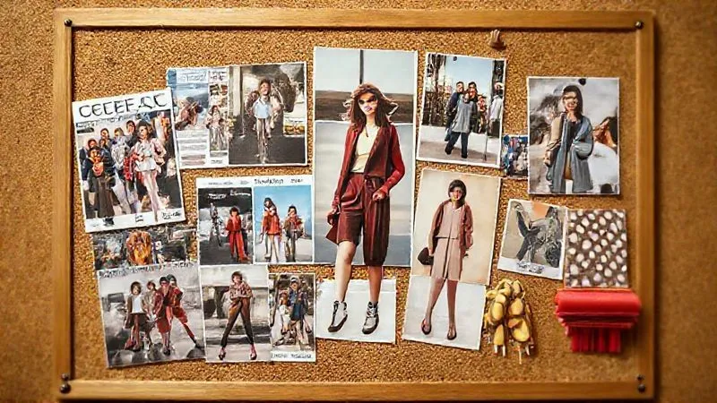 A photorealistic, vibrant mood board on a corkboard, showcasing a collage of vintage fashion magazine cutouts, modern street style photos featuring vintage-inspired outfits, screenshots of social media trends, and swatches of retro fabrics. Cinematic lighting, sharp focus on the details, depth of field blurring the background, 8K, professional photography, shot on a high-end DSLR.