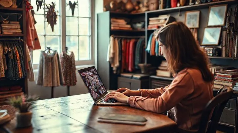 A photorealistic image of a person sitting at a vintage wooden desk, intently researching on a laptop. Surrounding them are neatly organized racks of colorful vintage clothing, antique accessories, and fashion books. Soft, warm cinematic lighting creates a cozy, studious atmosphere. Sharp focus on the laptop screen showing a vintage fashion marketplace, depth of field blurring the background, 8K, professional photography, shot on a high-end DSLR.