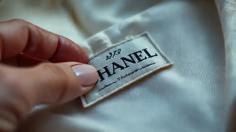 Photorealistic, professional photography, 8K, cinematic lighting, sharp focus on a vintage haute couture label, possibly a Chanel or Dior label from the 1950s, meticulously stitched onto silk, with a hand gently holding it, implying careful inspection and authentication. Depth of field, shot on a high-end DSLR, soft, warm light.