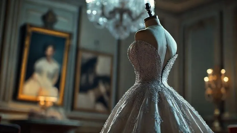 Photorealistic, professional photography, 8K, cinematic lighting, sharp focus on an exquisitely designed vintage gown, perhaps a Christian Dior "New Look" style from the 1950s, dramatically lit to highlight its silhouette and intricate details. In the background, subtly blurred, are archival photographs of a celebrity wearing a similar gown, hinting at historical significance and provenance. Depth of field, shot on a high-end DSLR, elegant and timeless.