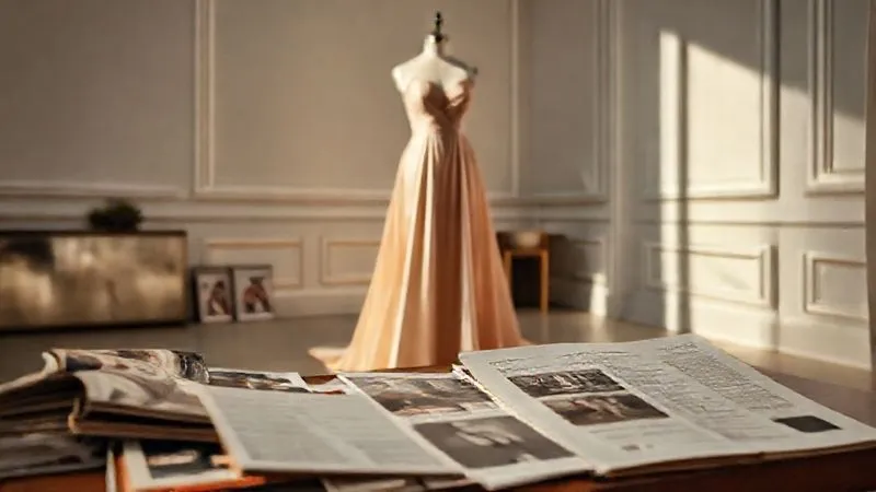 Photorealistic, professional photography, 8K, cinematic lighting, sharp focus on a beautifully styled vintage designer gown on a minimalist mannequin, bathed in soft, elegant light. In the foreground, a neatly organized collection of research materials: vintage fashion magazines, archival photographs, and a valuation report, suggesting the culmination of careful research and expert appraisal. Depth of field, shot on a high-end DSLR, sophisticated and informative.